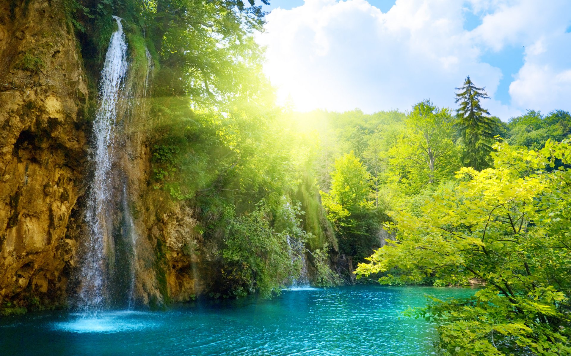 wasserfall bäume sonne