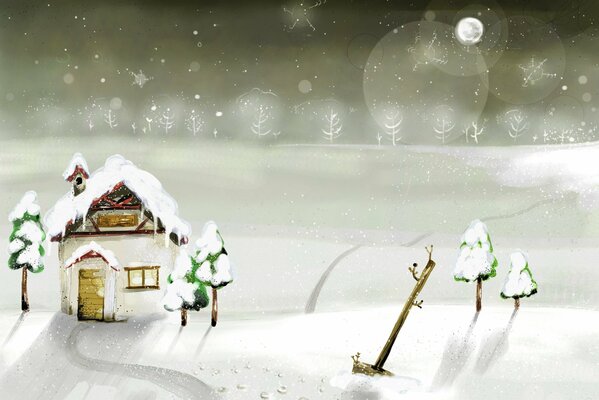 Rysunek dom w śniegu, wokół choinki