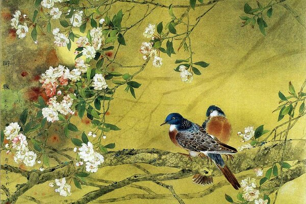 Две птицы сидят на ветке цветущего дерева