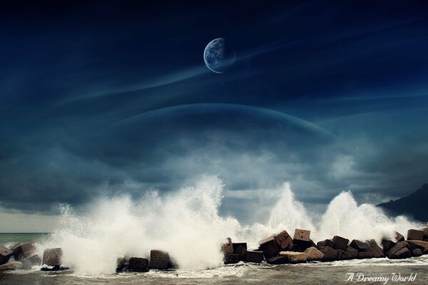 Waves break on rocks from the height of the moon