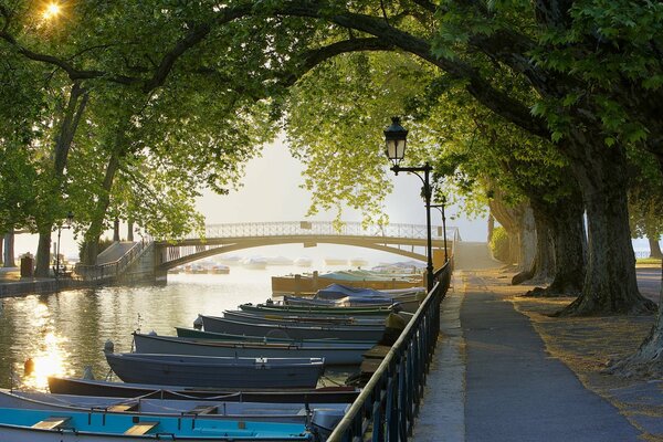 Romántico callejón con barcos de madera