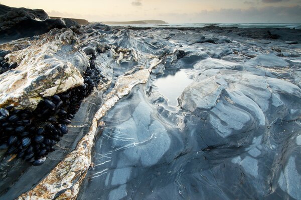 Shore with rocks and ice protruding from the water