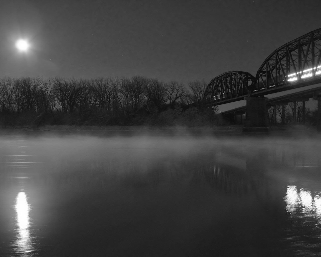 bridge fog night black and white