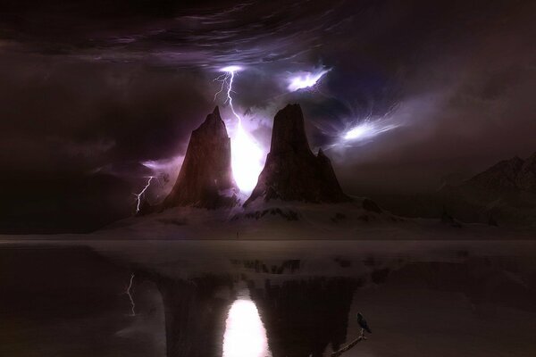 Mesmerizing reflection of mountains with lightning