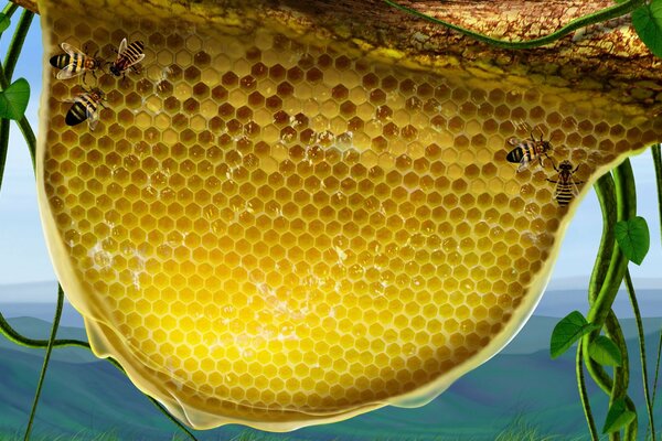 Honeycomb with bees on a blue background