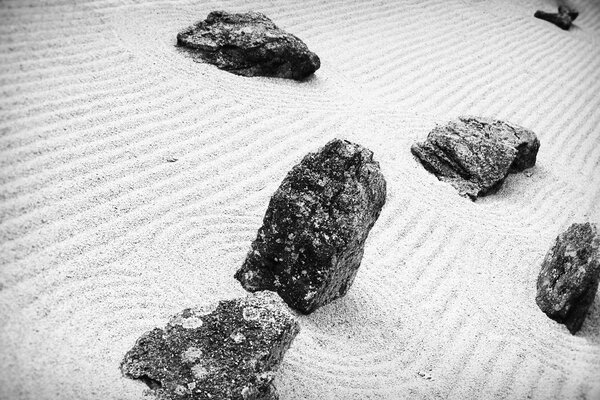 Schwarz-Weiß-Foto von Steinen und Sand