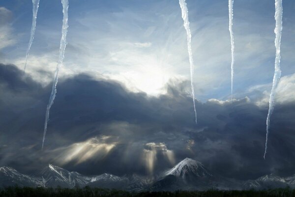 Icicles on the background of beautiful winter mountains