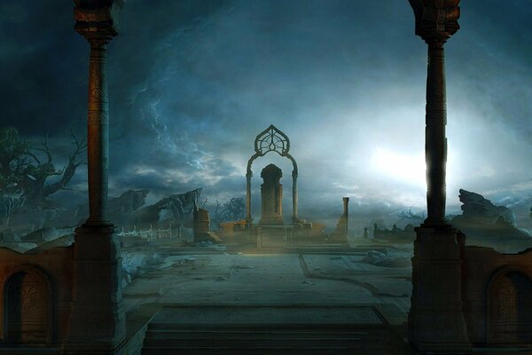 Cimitero fantasy con nuvole temporalesche su sfondo