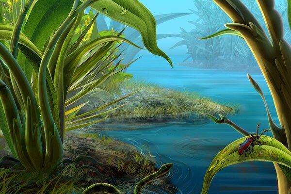 Cartoon landscape of water by green grass