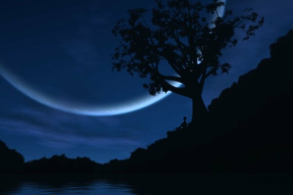 Nature avec la surface de l eau sous le clair de lune de nuit