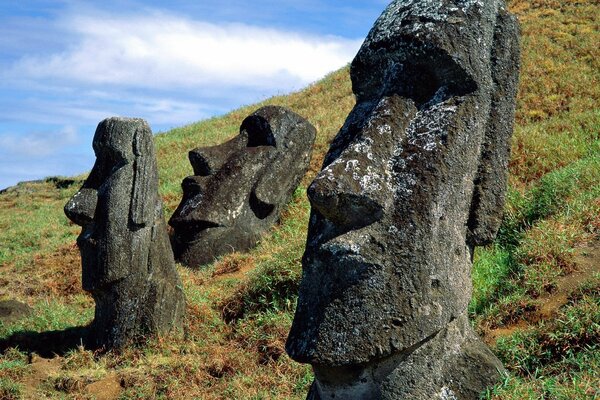 Totems in the form of faces made of stones