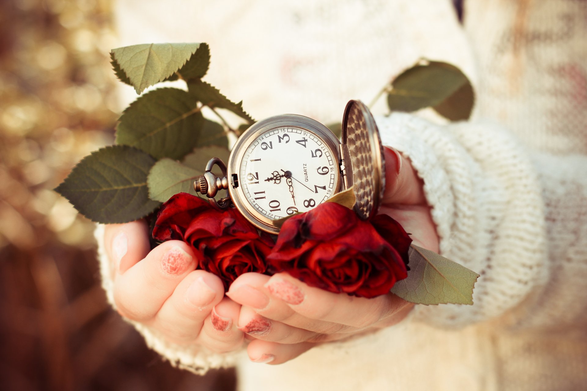 reloj dial tiempo rosas ramas manos hojas suéter