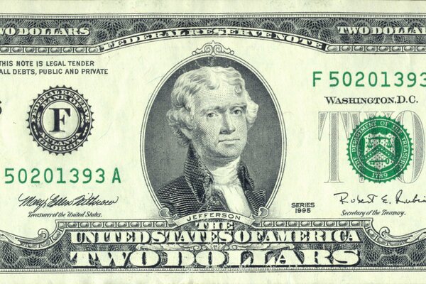 Two dollars with a picture of Jefferson