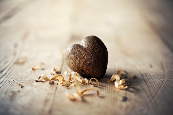 A wooden heart lies among the sawdust on a tree