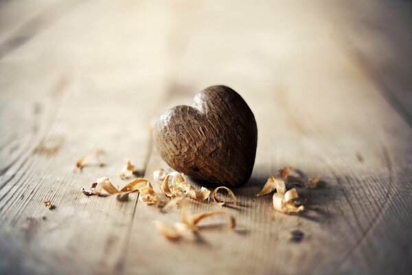 Un corazón de madera se encuentra entre el aserrín en un árbol
