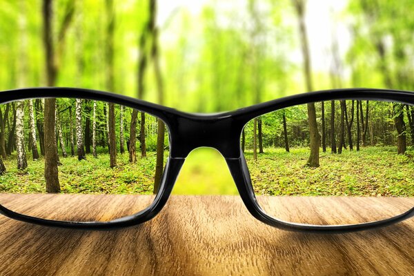 Gafas en una mesa de madera en el bosque