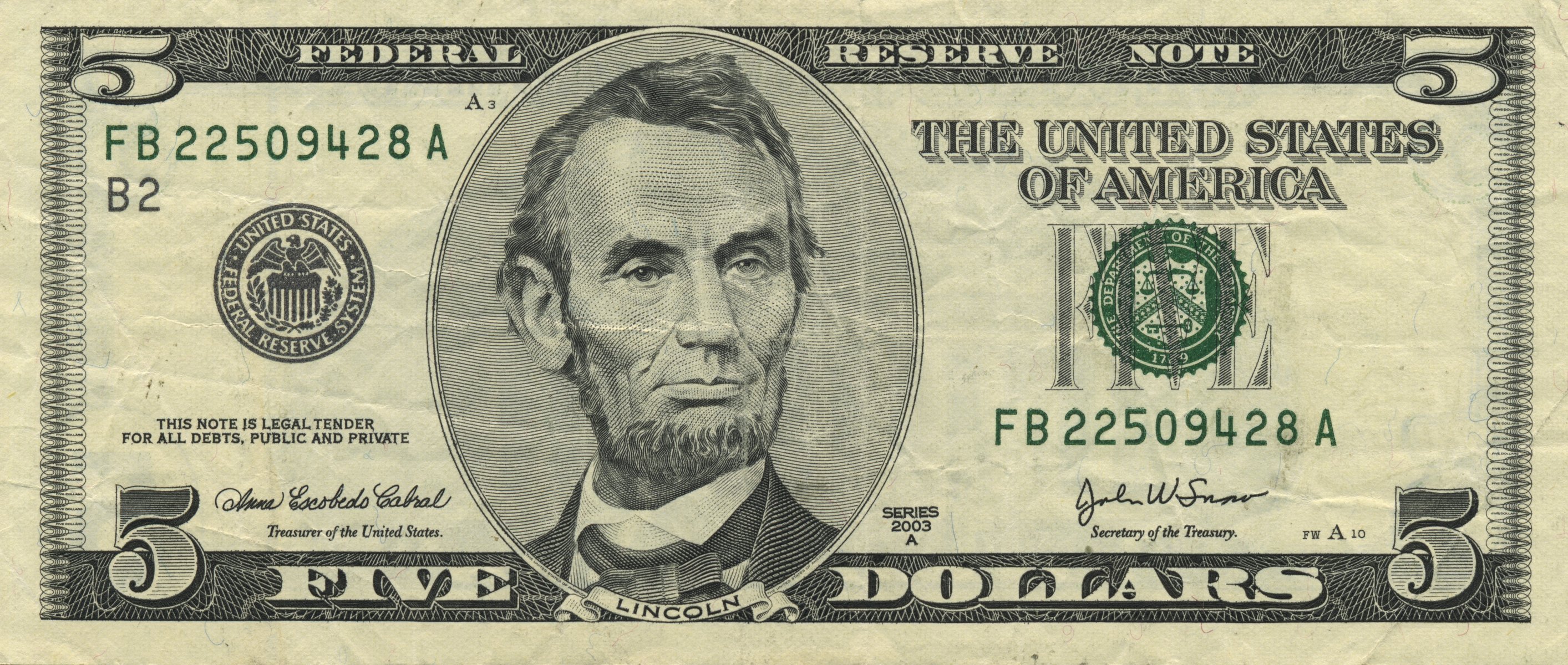 lincoln dollar dolar five note united reserve