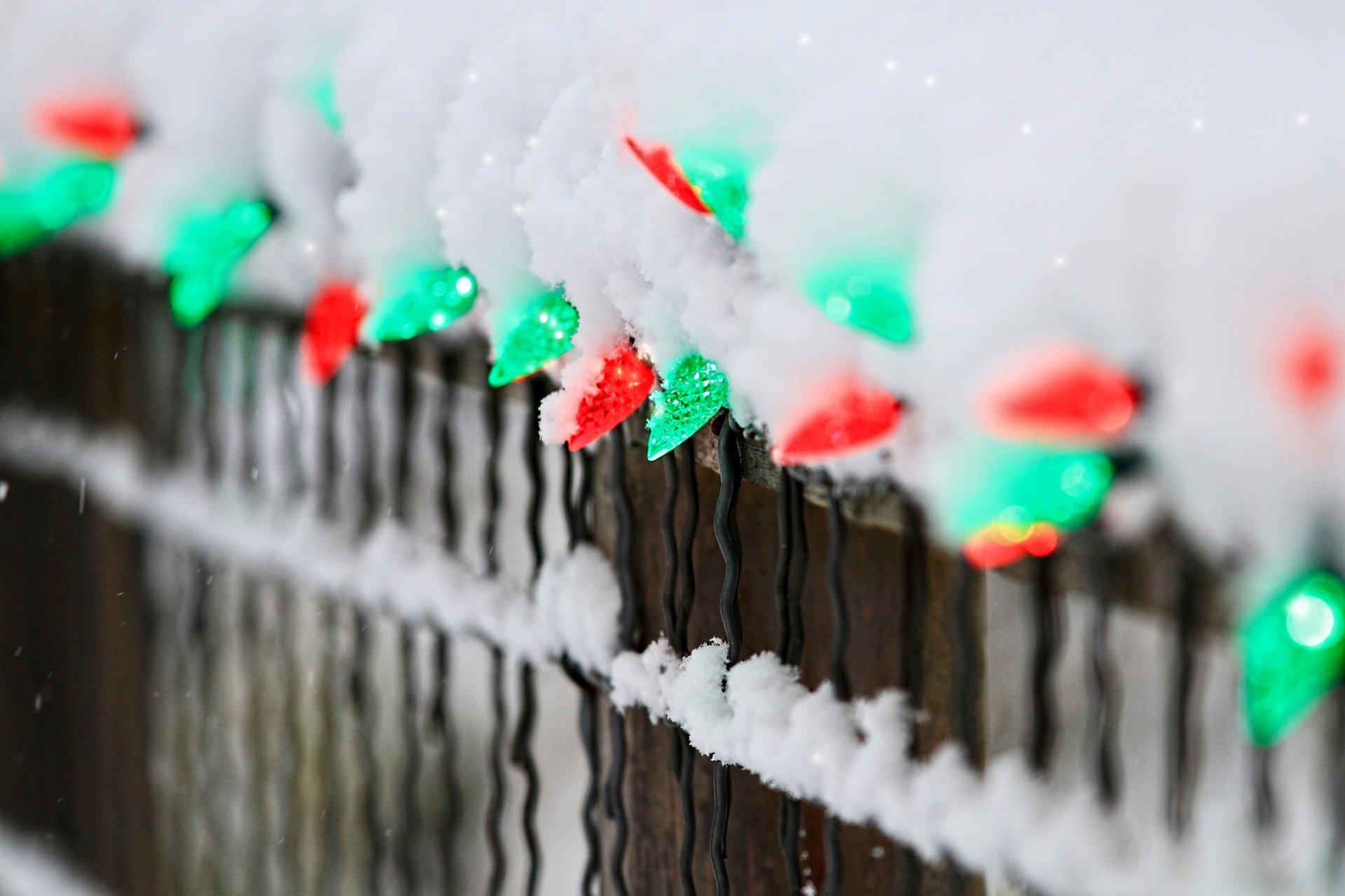 guirnalda luces rojo verde cerca cerca nieve invierno vacaciones