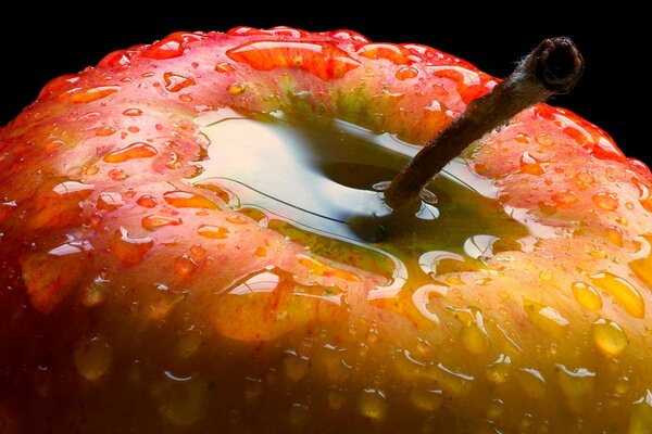 Manzana roja en gotas de agua