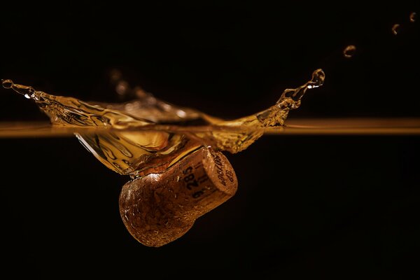 Falling cork in the water on a black background