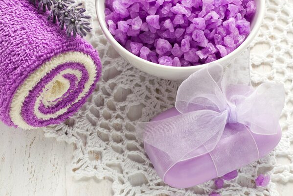 Soap and bath salts in lavender color