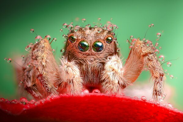 Spider in dew drops on a red flower