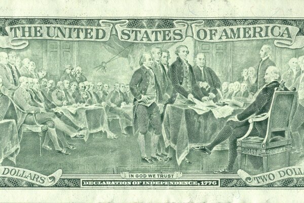 Signing of the Declaration of Independence on a two dollar bill