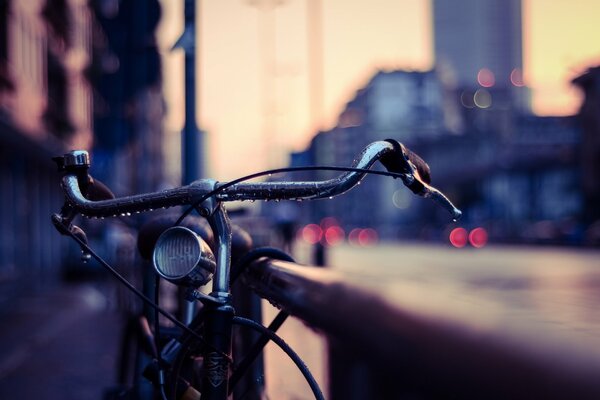 Fahrrad am Geländer vor dem Hintergrund der Abendstadt