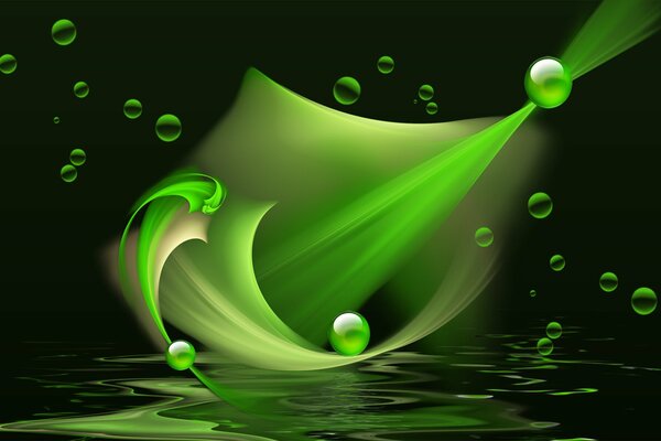 Green bubbles and balls with green splashes and curves on a dark background