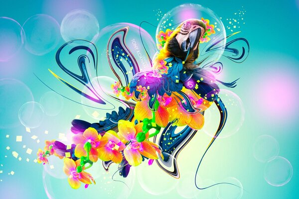 Grafica fantasy con pappagallo e colori vivaci