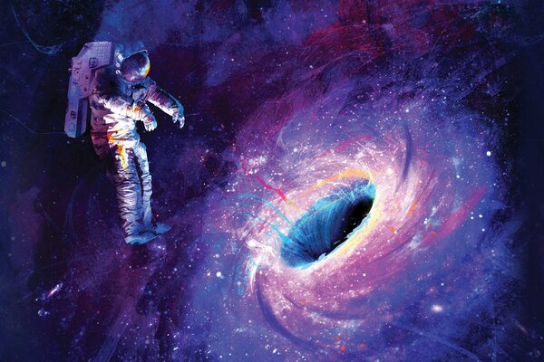 Astronaut in a spacesuit over a black hole in space