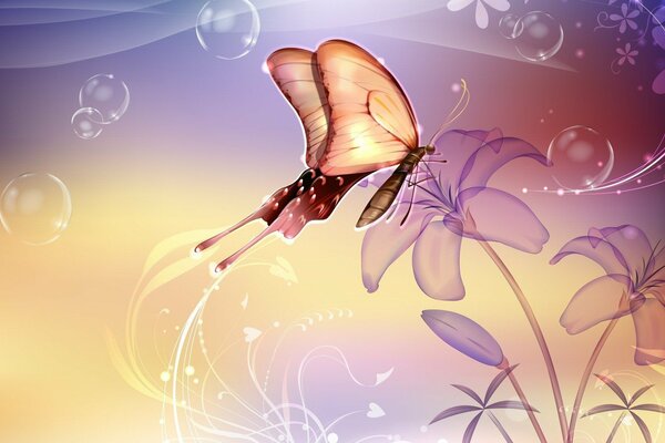 Papillon sur une fleur pourpre entourée de bulles de savon