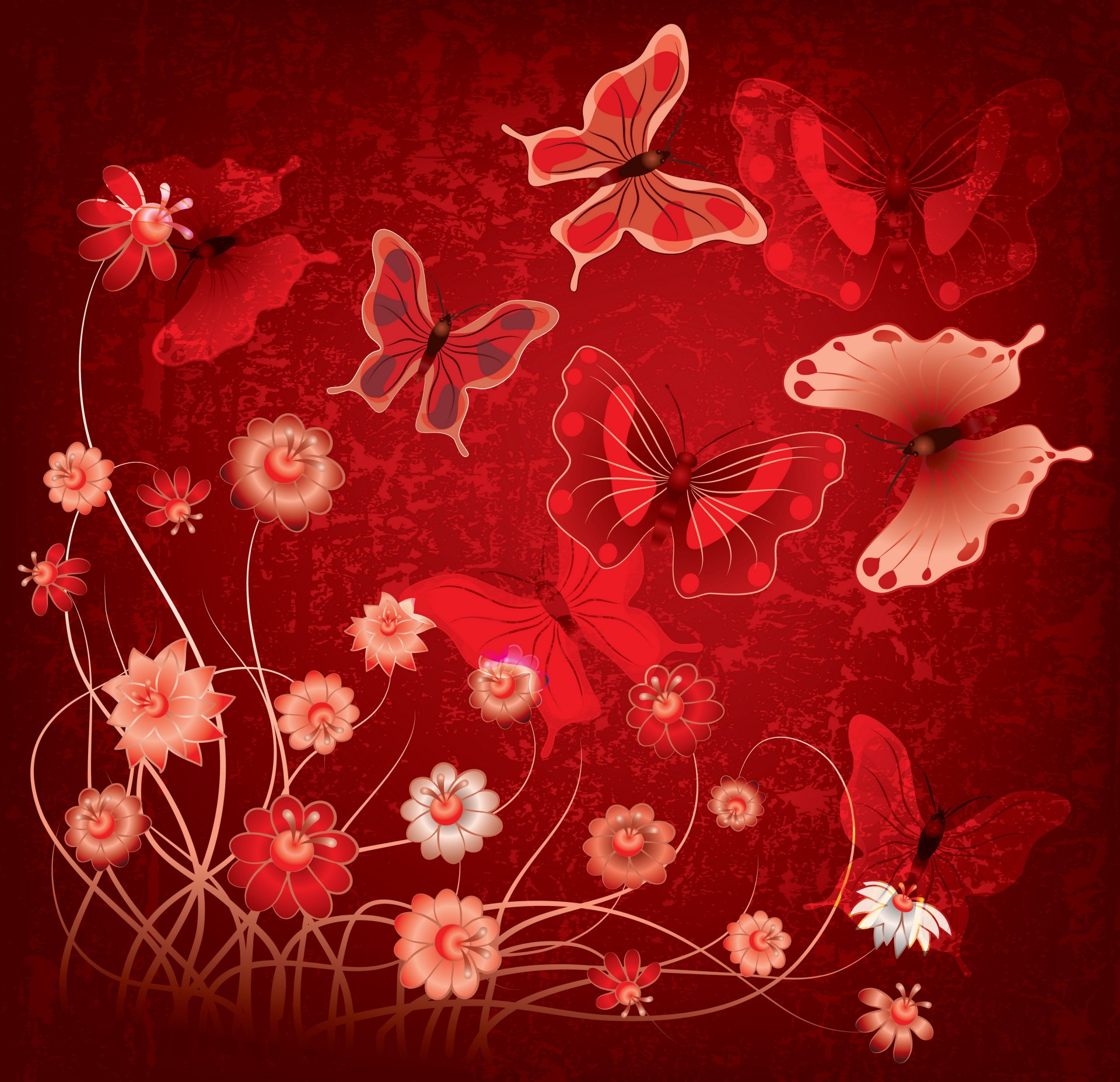 abstract grunge butterflies flowers design butterflies red