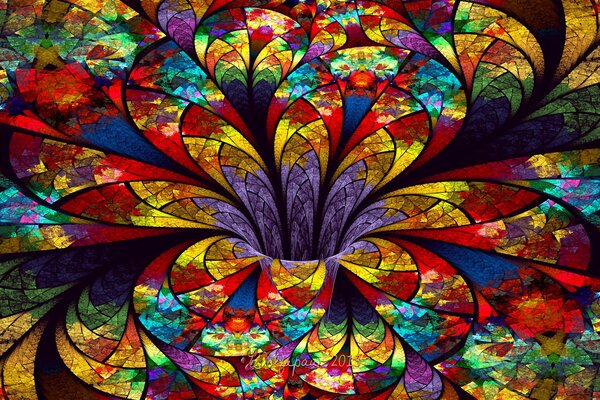 Multicolored volumetric pattern on glass