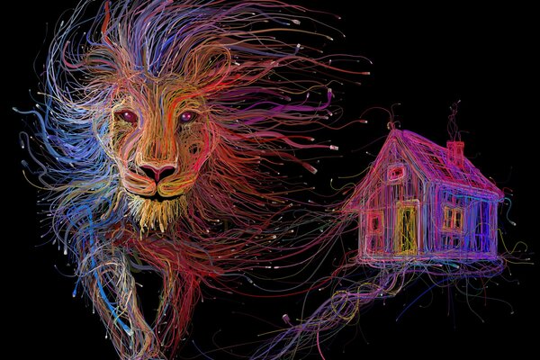 Разноцветный лев из кабелей