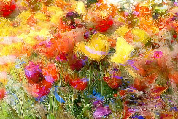 Amapolas y tulipanes durante la floración