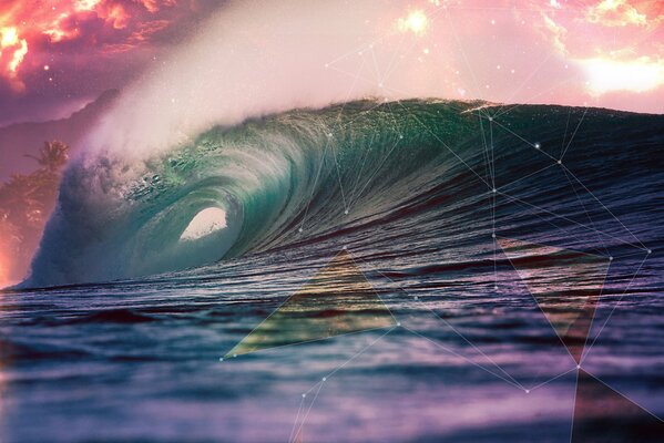 A great wave against the background of a crackling sunset