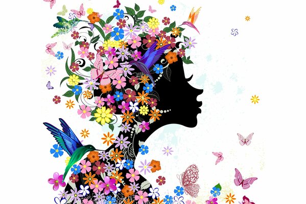 Silhouette di una ragazza di fiori con uccelli e farfalle