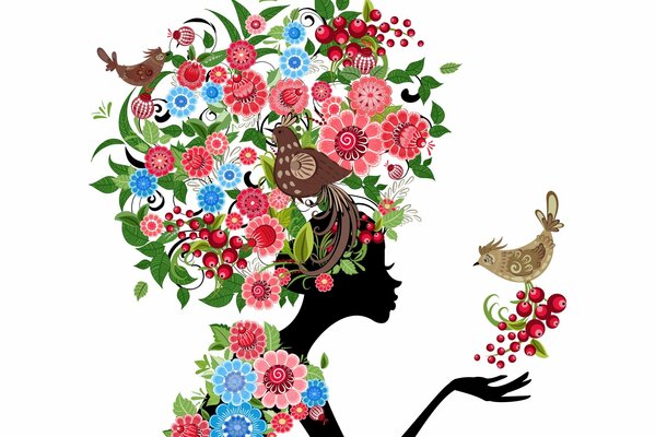 Abstrakcja dziewczyny z kwiatami i ptakami