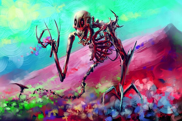 Stylized image of the sky, mountains and flowers with a skeleton in the foreground