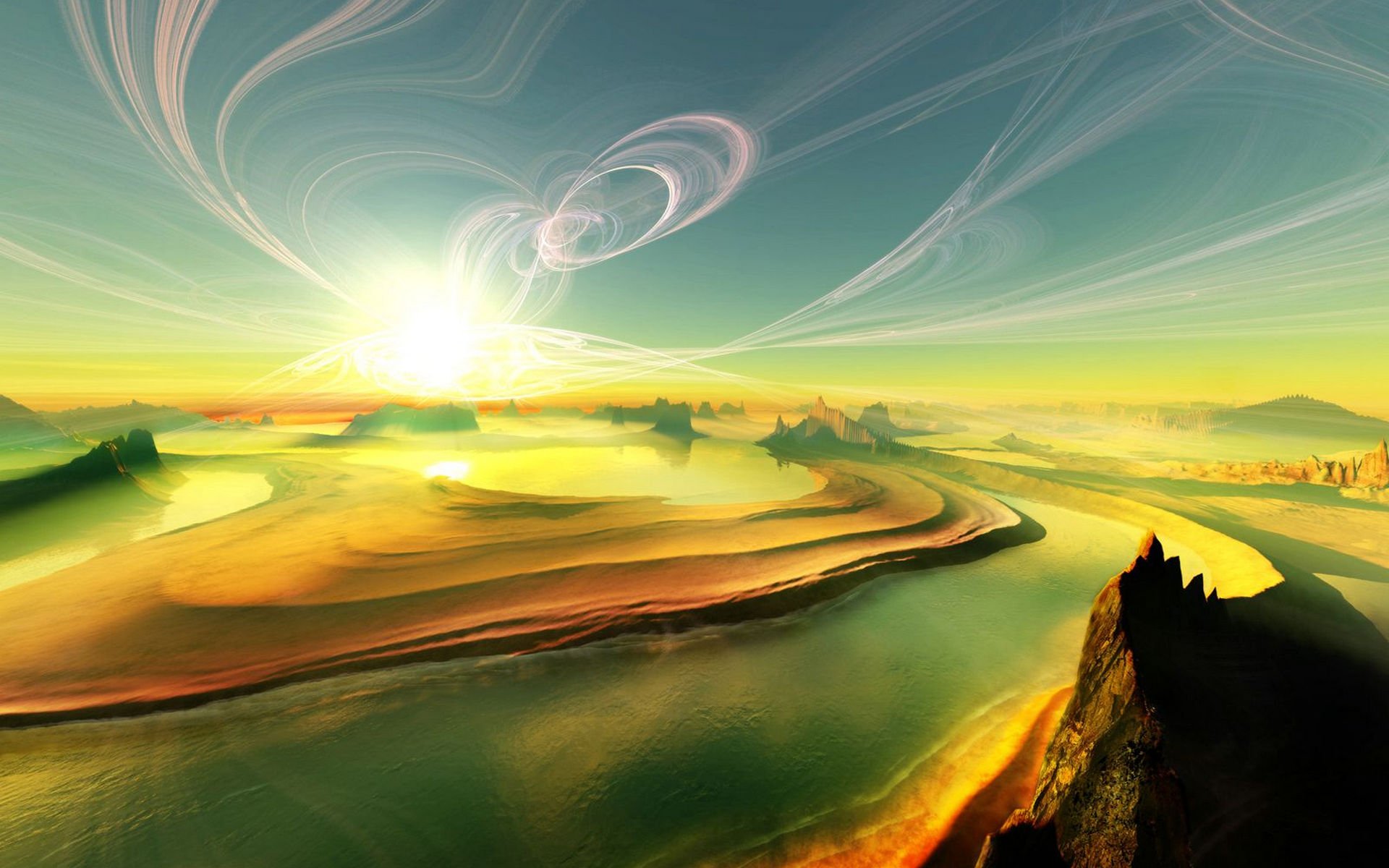 nature montagnes rivière ciel nuages lumière rayons coucher de soleil dessin île sable dunes soleil