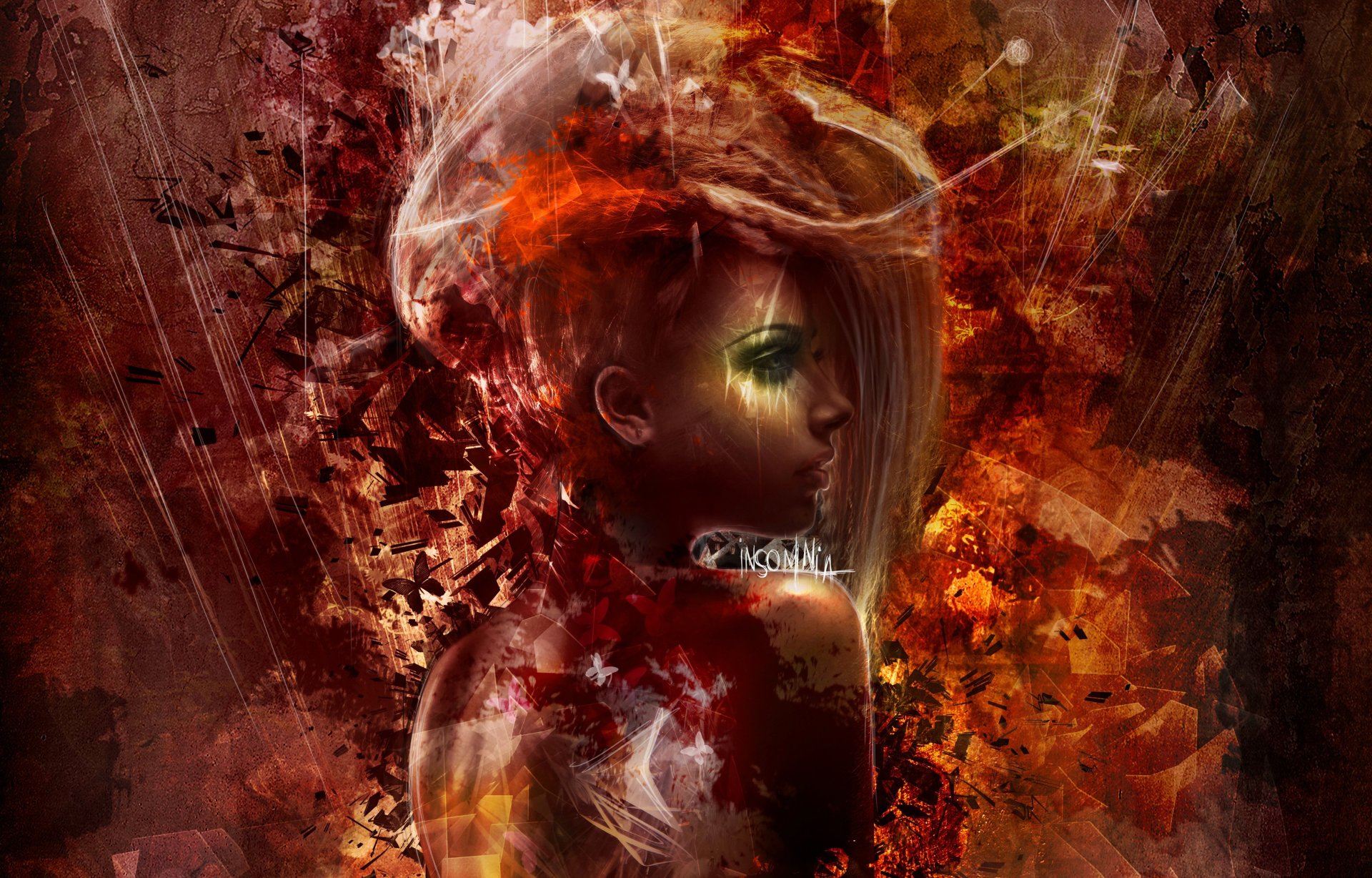 art girl section view hair spin abstract