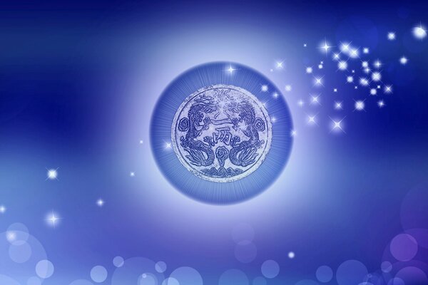 Dragons in a circle on a light blue, starry background
