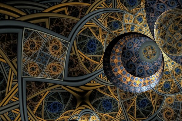 Patterns in the form of a crescent and spirals of blue and gold colors