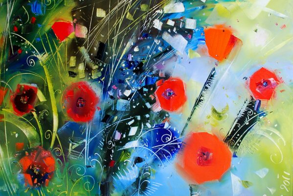 Poppies in abstraction and green grass
