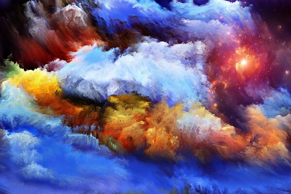 Fumo colorato, punti luminosi, esplosioni di fumo