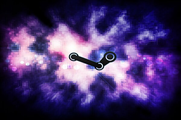 Steam logo on a background of pixel purple steam