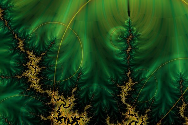 Sobre un fondo verde oscuro, fractales, círculos y líneas