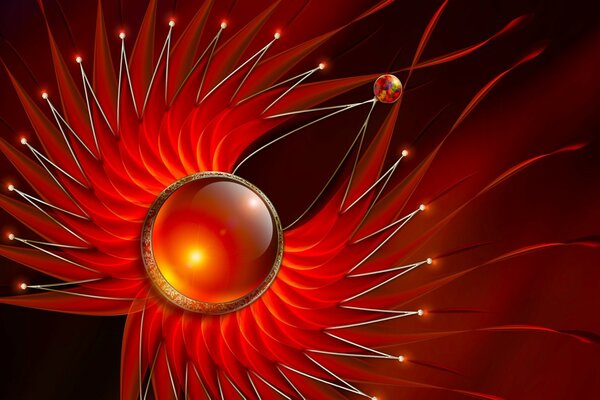 Red background with a ball, sparks and lines