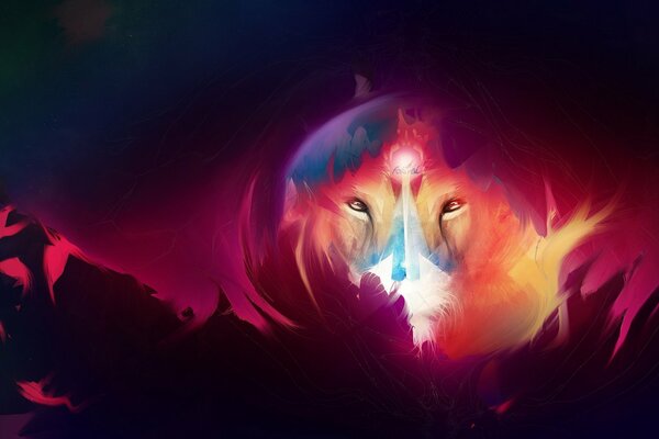 Arte raffigurante il muso luminoso di un leone su uno sfondo di montagne rosse